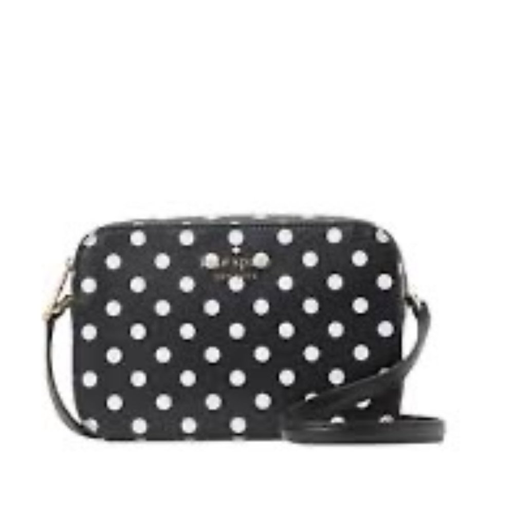 NWT Kate Spade Staci Mini Camera Bag Black w/ White Polka Dot Adjustable Strap